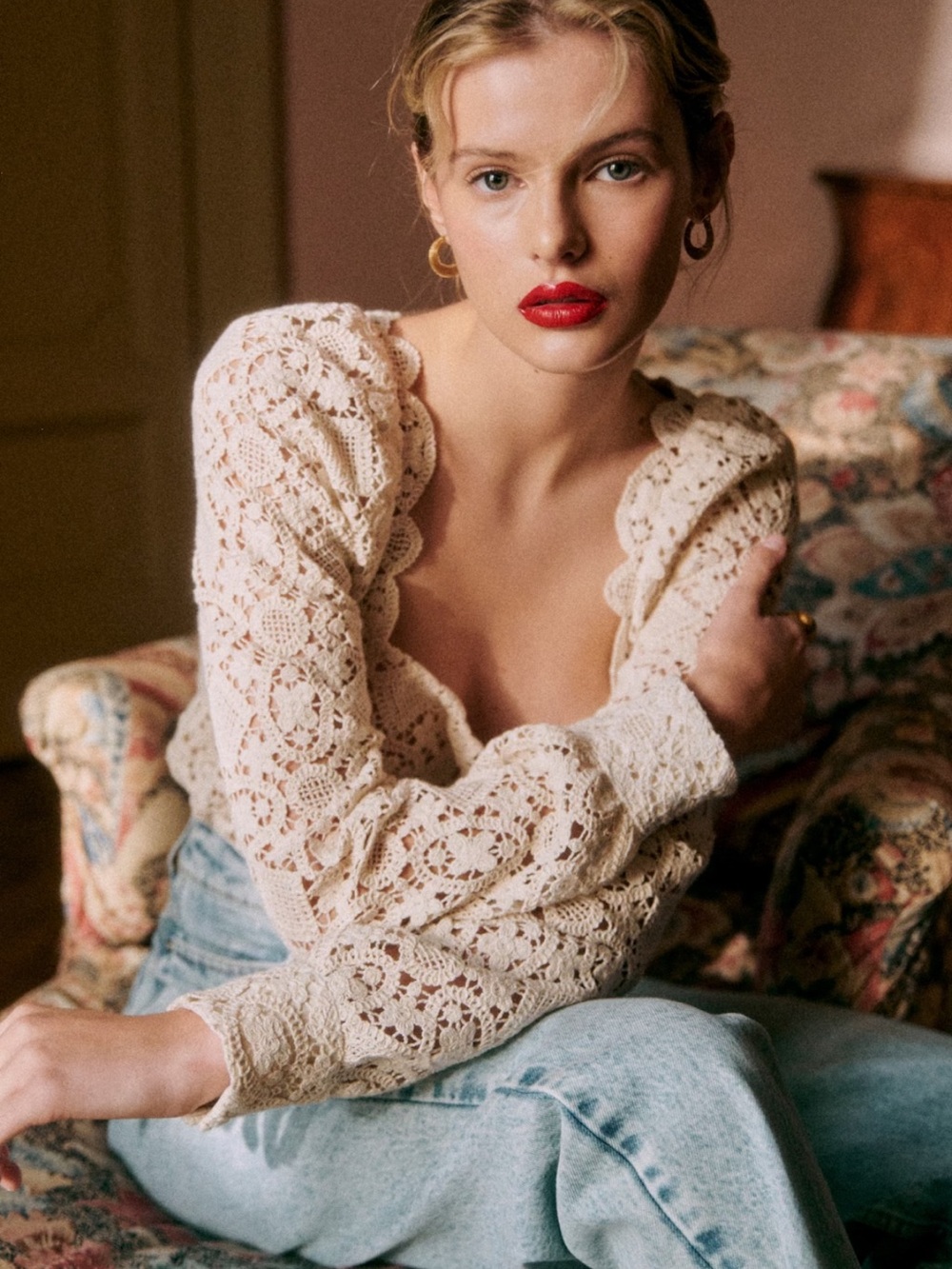 NWT Sezane Alvere Blouse in Ecru, Size 2 (34) Cream Crochet Lace Long Sleeve Top